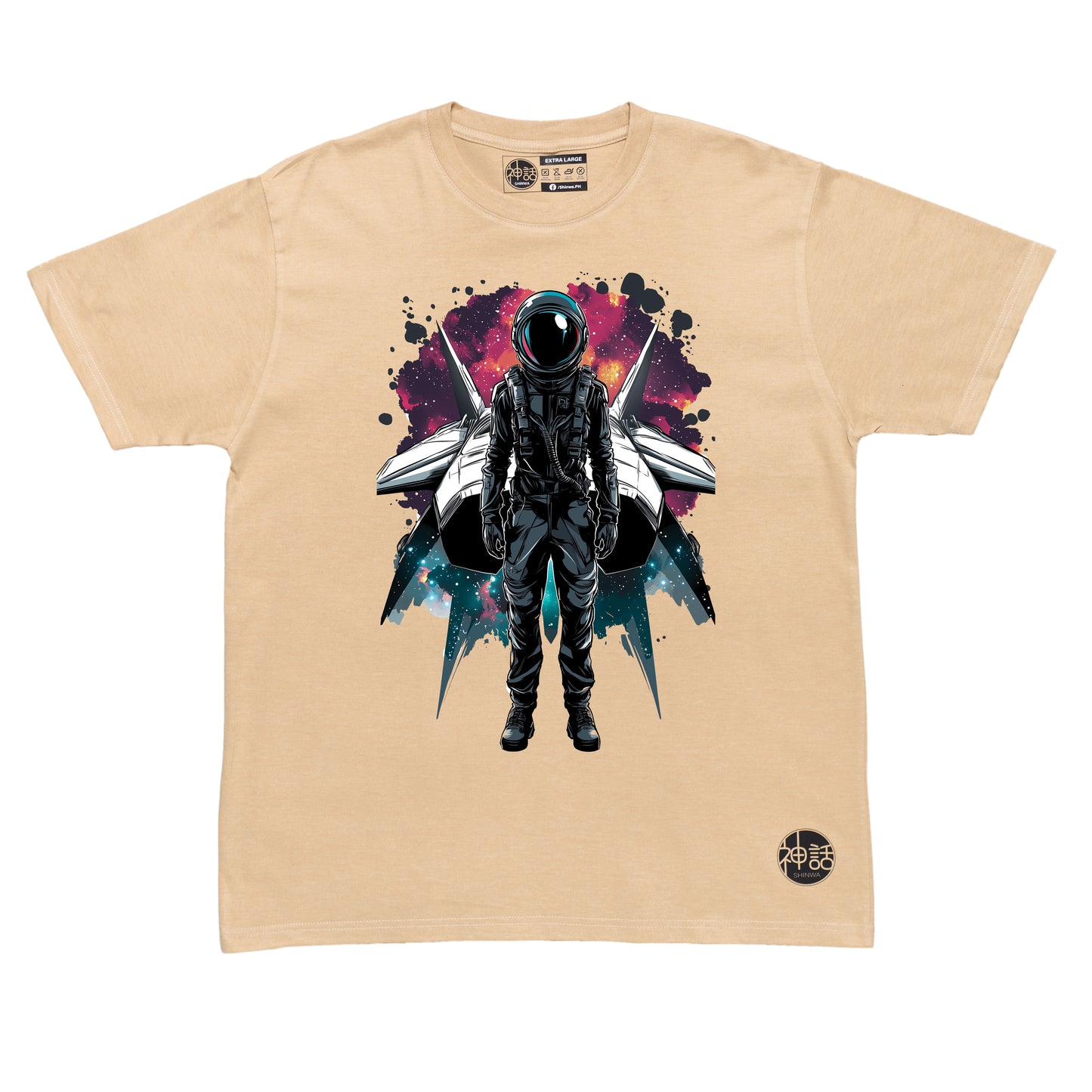 Lone astronaut standing in front of his spaceship under a starry night sky on beige t-shirt by Shinwa, streetwear brand from the Philippines