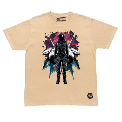 Lone astronaut standing in front of his spaceship under a starry night sky on beige t-shirt by Shinwa, streetwear brand from the Philippines