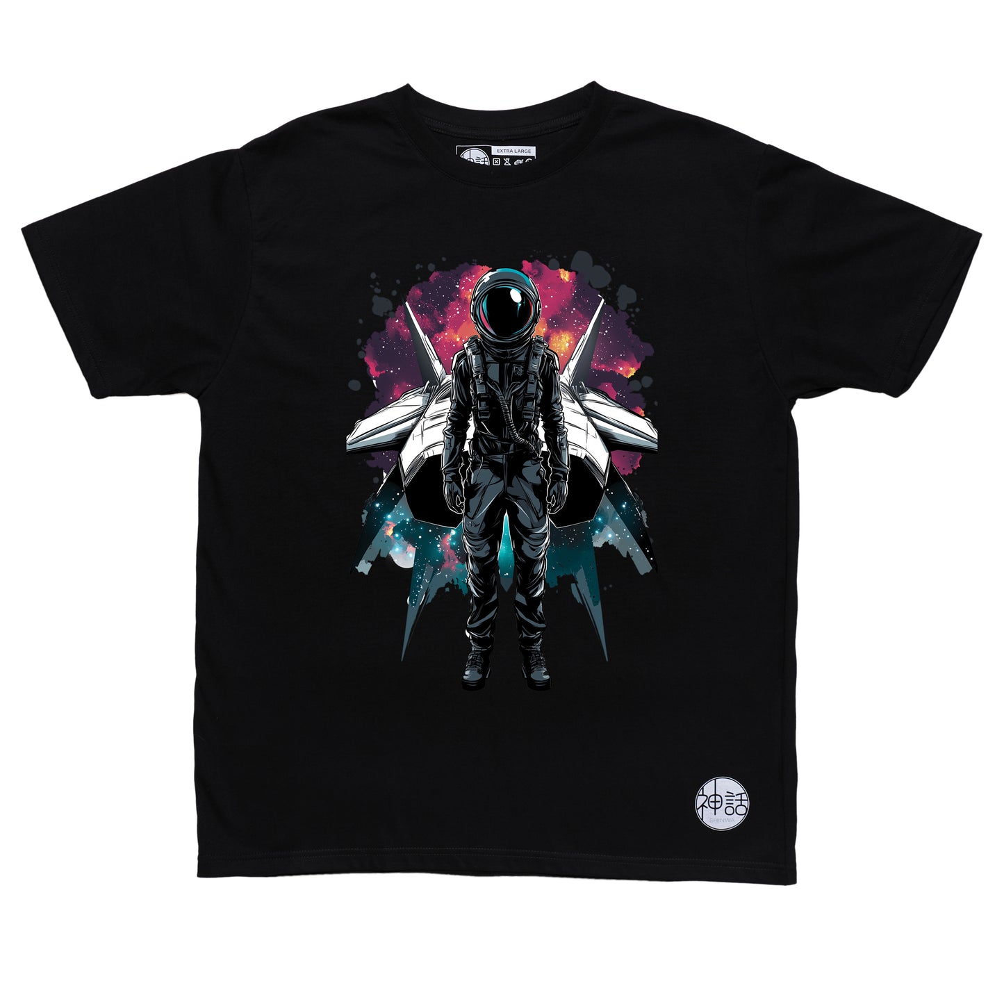 Lone astronaut standing in front of his spaceship under a starry night sky on black t-shirt by Shinwa, streetwear brand from the Philippines