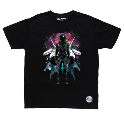 Lone astronaut standing in front of his spaceship under a starry night sky on black t-shirt by Shinwa, streetwear brand from the Philippines