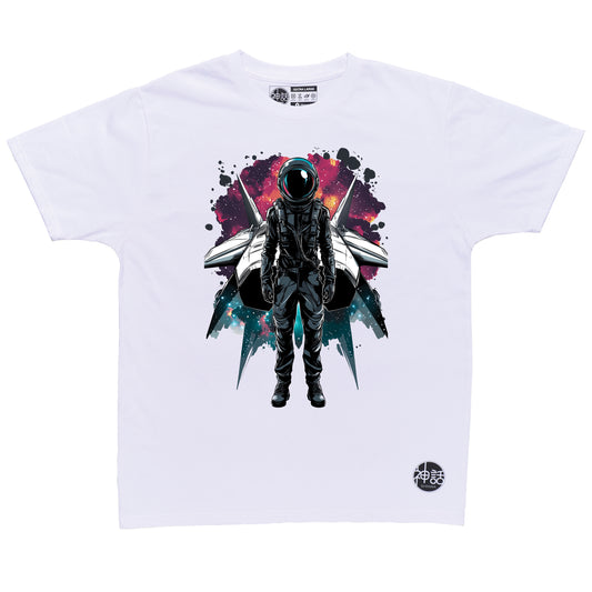 Lone astronaut standing in front of his spaceship under a starry night sky on white t-shirt by Shinwa, streetwear brand from the Philippines