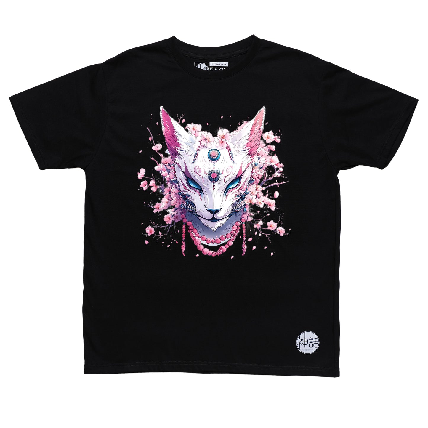 kitsune fox mask with cherry blossom background in black t-shirt by Shinwa, streetwear brand from the Philippines