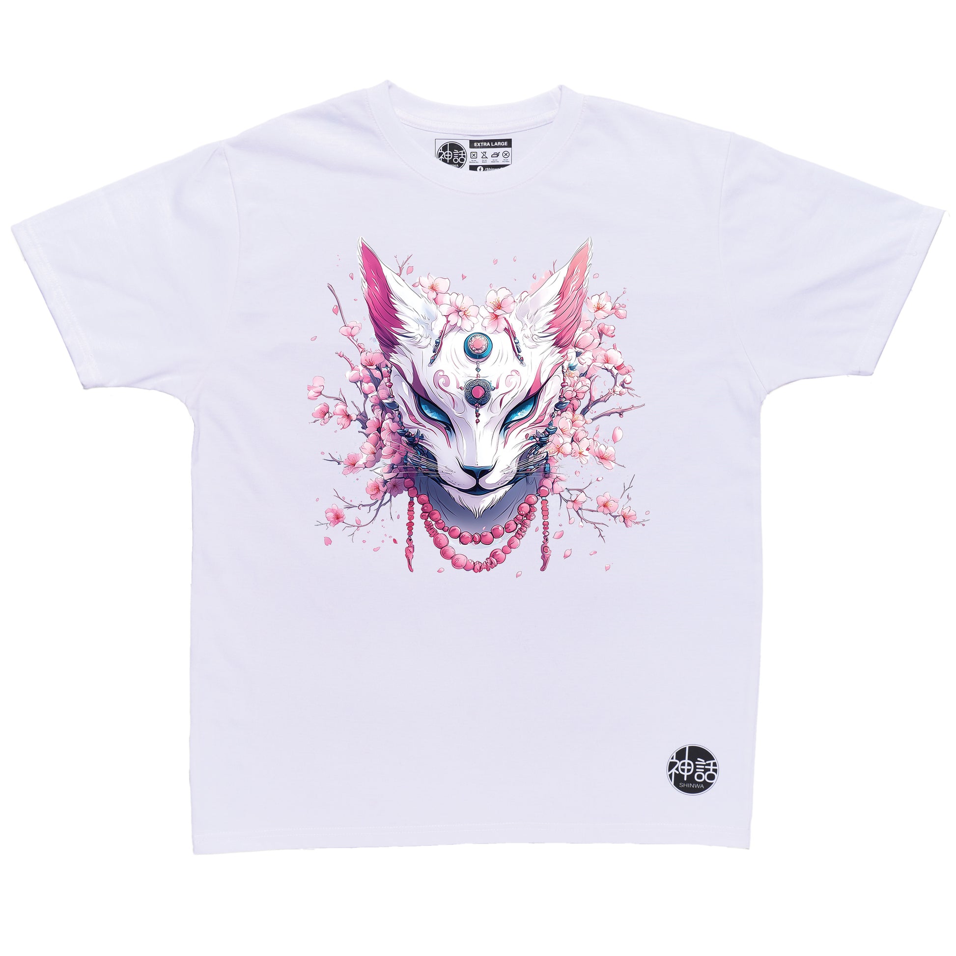 kitsune fox mask with cherry blossom background in white t-shirt by Shinwa, streetwear brand from the Philippines