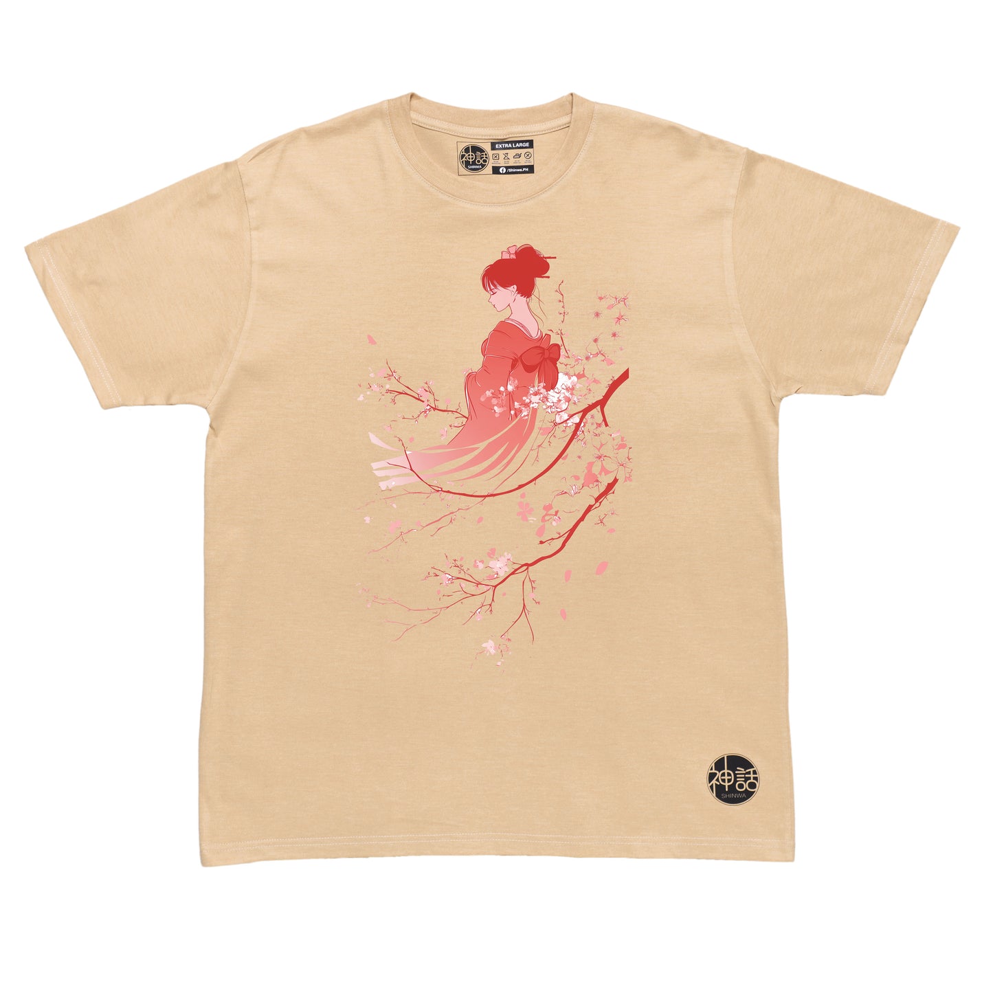 red geisha leaning against cherry blossom tree on beige t-shirt by Shinwa, streetwear brand from the Philippines