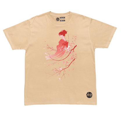 red geisha leaning against cherry blossom tree on beige t-shirt by Shinwa, streetwear brand from the Philippines