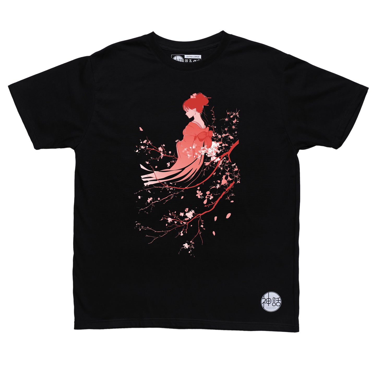 red geisha leaning against cherry blossom tree on black t-shirt by Shinwa, streetwear brand from the Philippines