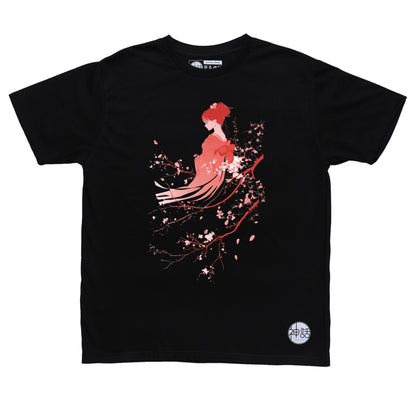 red geisha leaning against cherry blossom tree on black t-shirt by Shinwa, streetwear brand from the Philippines