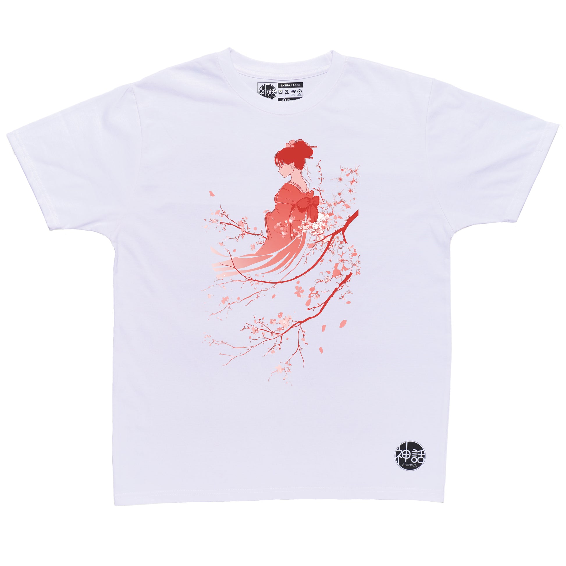 red geisha leaning against cherry blossom tree on white t-shirt by Shinwa, streetwear brand from the Philippines