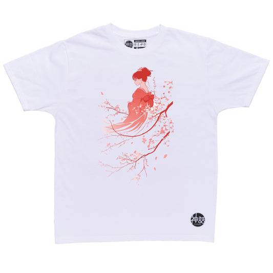red geisha leaning against cherry blossom tree on white t-shirt by Shinwa, streetwear brand from the Philippines