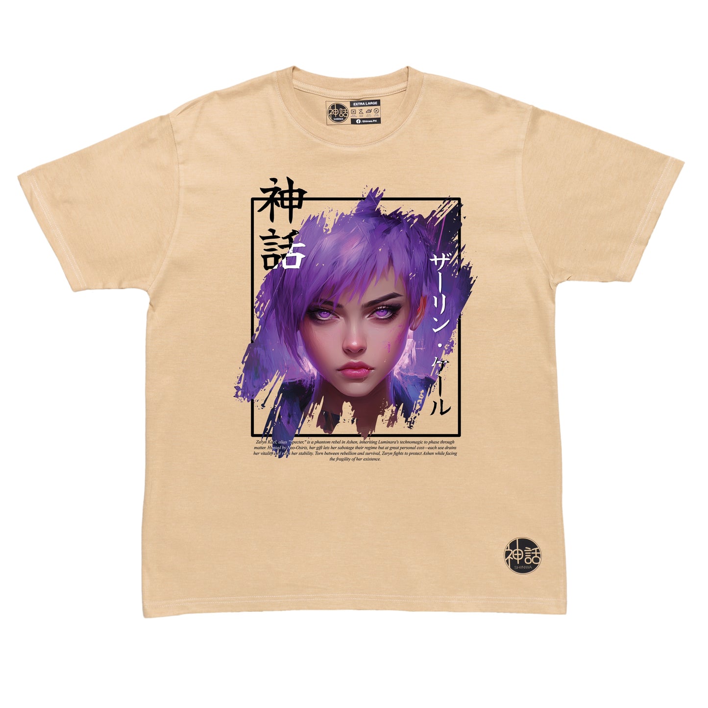 anime girl with short purple hair in beige t-shirt by Shinwa, streetwear brand from the Philippines