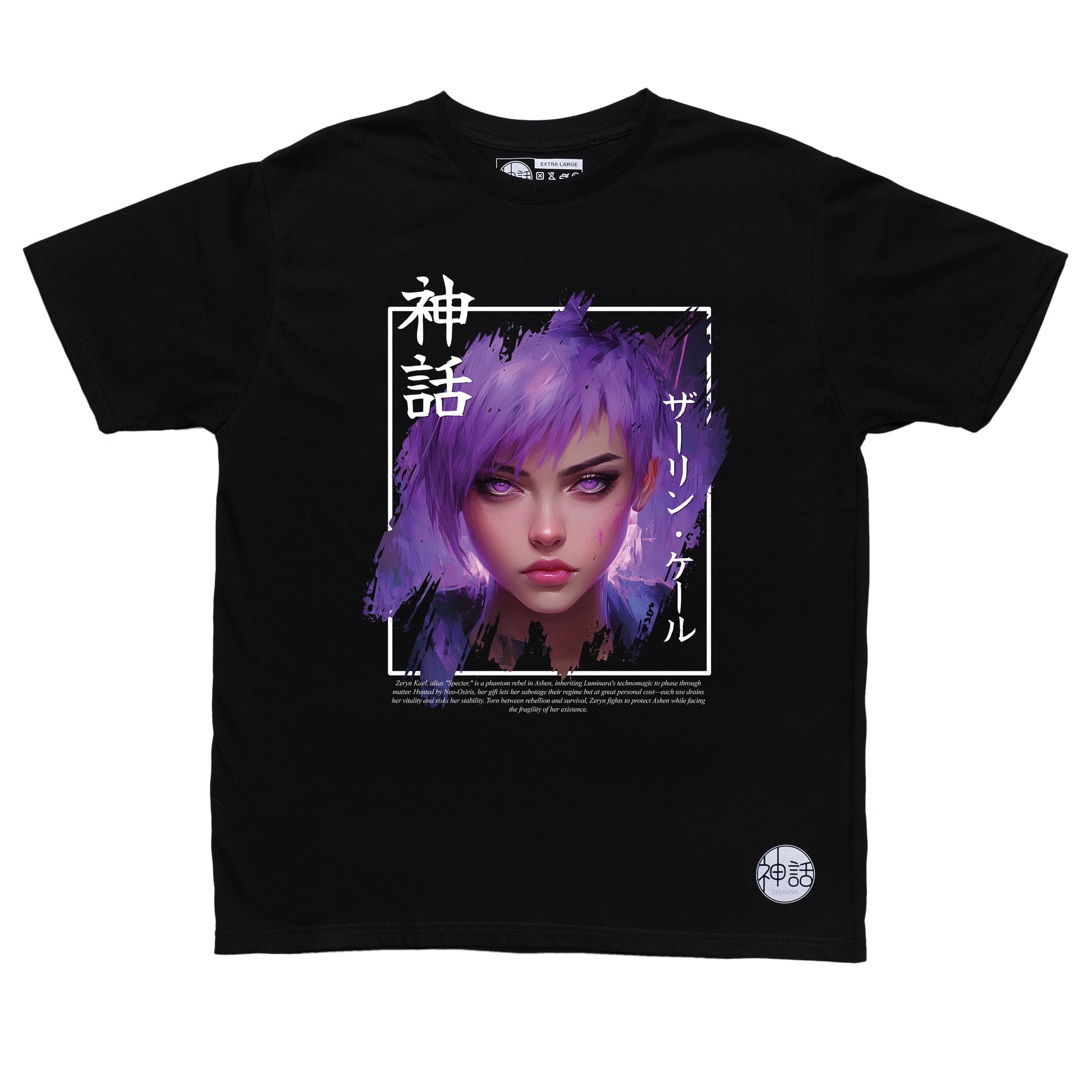 anime girl with short purple hair in black t-shirt by Shinwa, streetwear brand from the Philippines