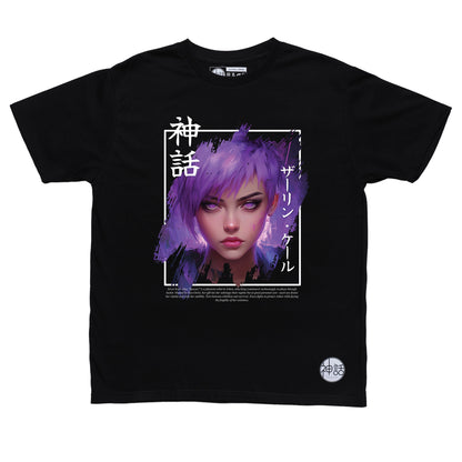 anime girl with short purple hair in black t-shirt by Shinwa, streetwear brand from the Philippines