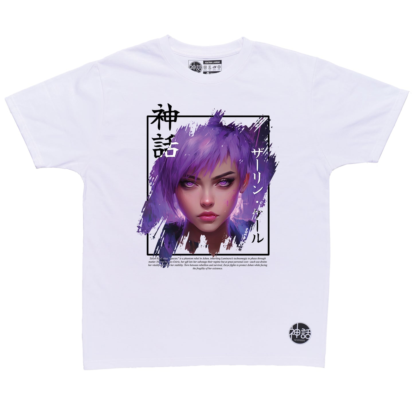 anime girl with short purple hair in white t-shirt by Shinwa, streetwear brand from the Philippines