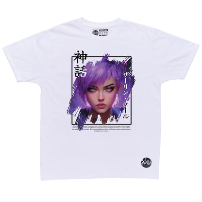 anime girl with short purple hair in white t-shirt by Shinwa, streetwear brand from the Philippines