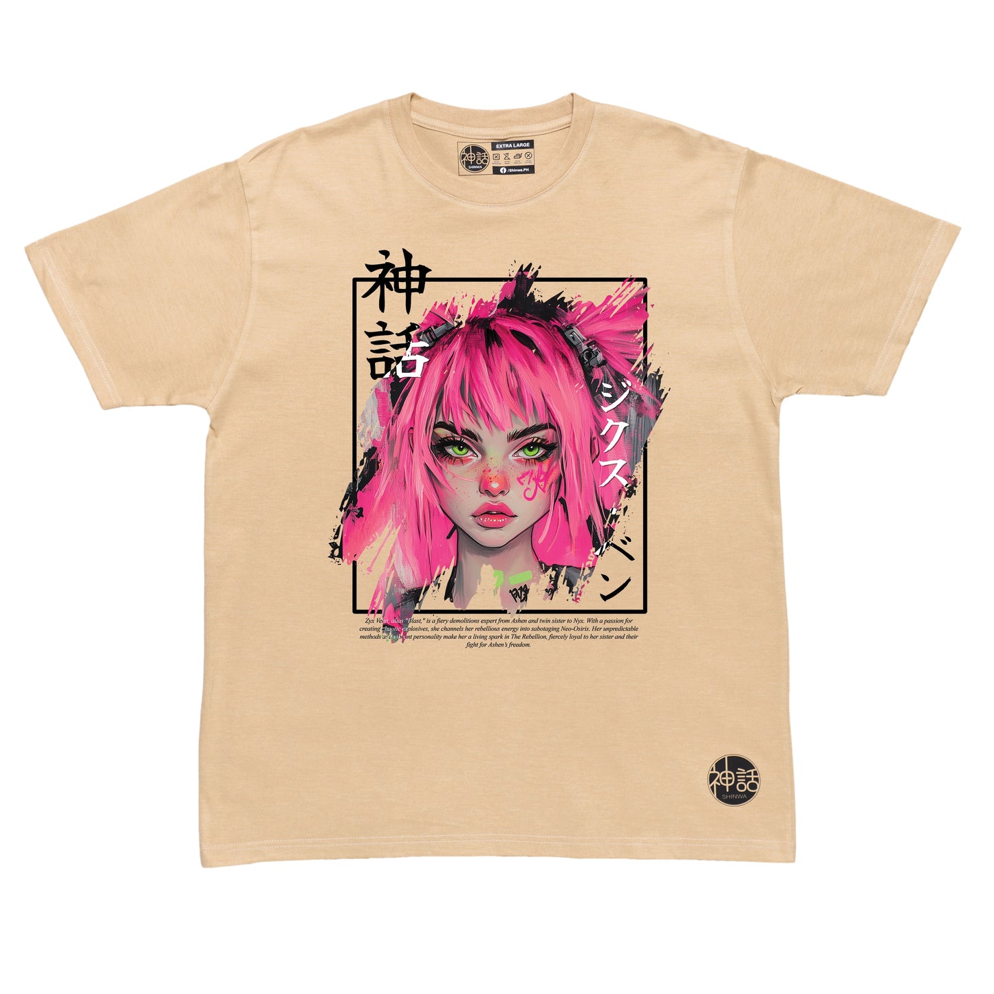 pink-haired anime girl with freckles in beige t-shirt by Shinwa, streetwear brand from the Philippines