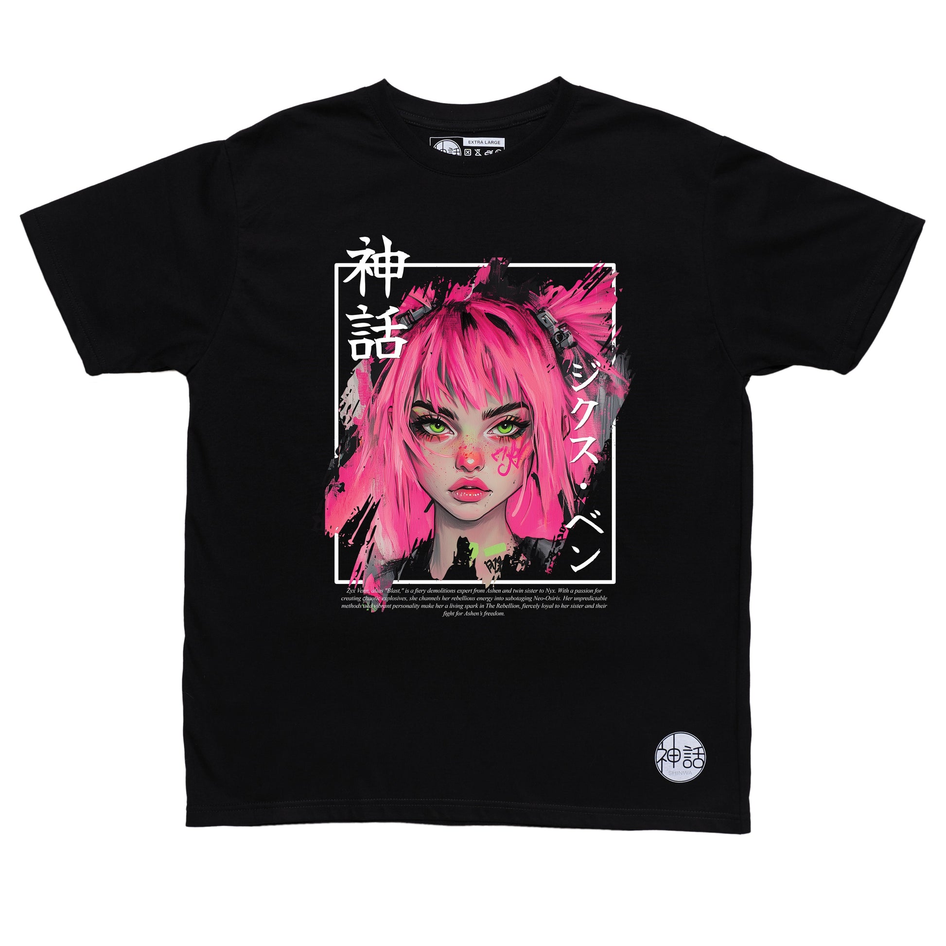 pink-haired anime girl with freckles in black t-shirt by Shinwa, streetwear brand from the Philippines