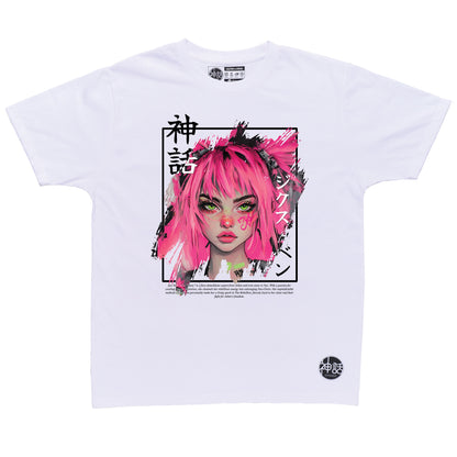 pink-haired anime girl with freckles in white t-shirt by Shinwa, streetwear brand from the Philippines