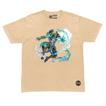 Poseidon in sea-green armor leaping over crashing waves on beige t-shirt by Shinwa, streetwear brand from the Philippines