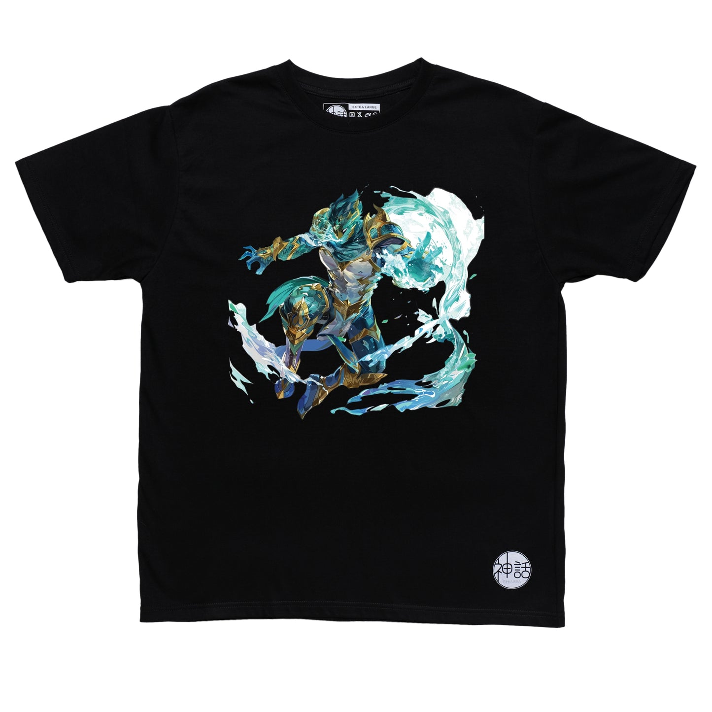 Poseidon in sea-green armor leaping over crashing waves on black t-shirt by Shinwa, streetwear brand from the Philippines