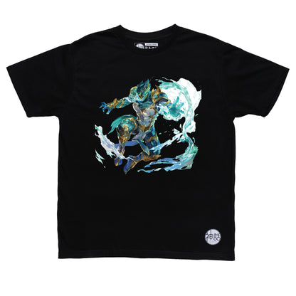 Poseidon in sea-green armor leaping over crashing waves on black t-shirt by Shinwa, streetwear brand from the Philippines
