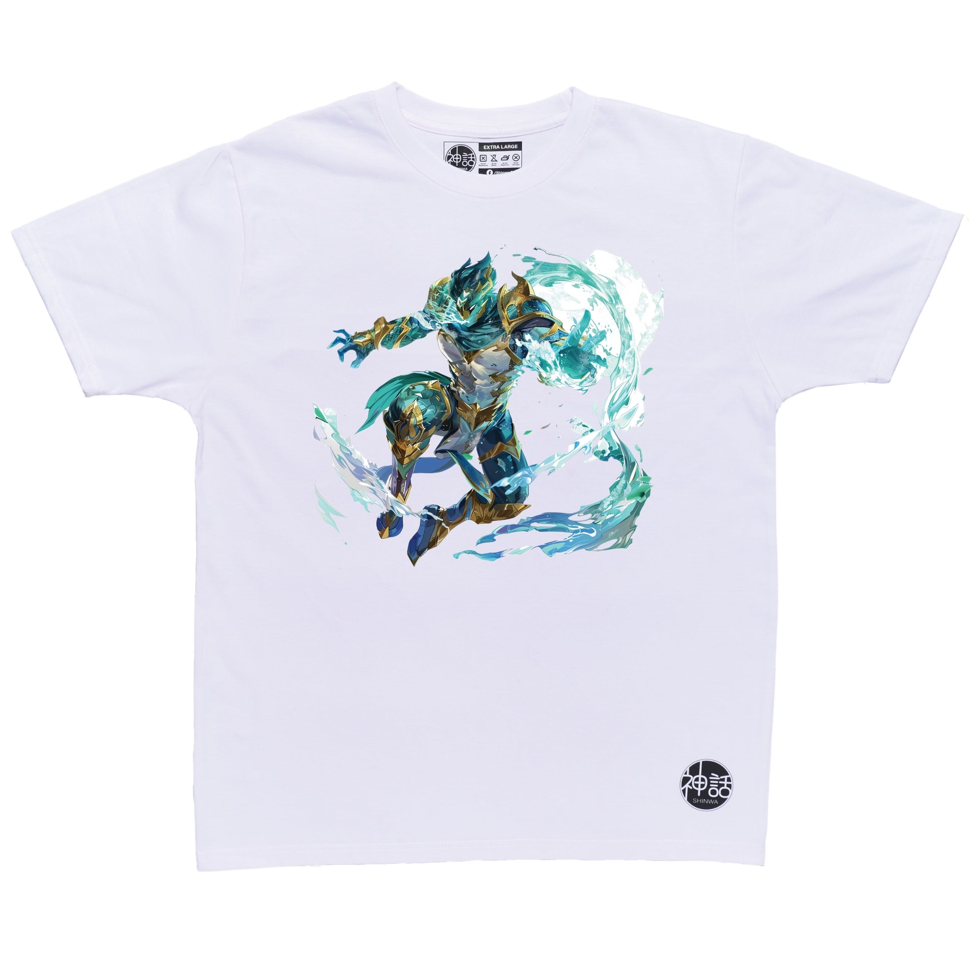Poseidon in sea-green armor leaping over crashing waves on white t-shirt by Shinwa, streetwear brand from the Philippines