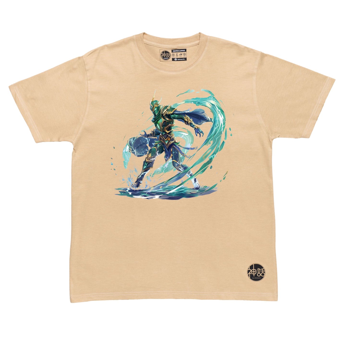 Fierce Poseidon in combat pose with golden trident and stormy sea backdrop on beige t-shirt by Shinwa, streetwear brand from the Philippines