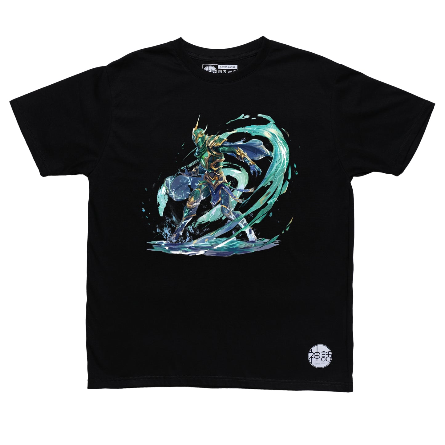 Fierce Poseidon in combat pose with golden trident and stormy sea backdrop on black t-shirt by Shinwa, streetwear brand from the Philippines
