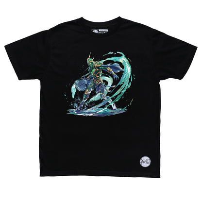 Fierce Poseidon in combat pose with golden trident and stormy sea backdrop on black t-shirt by Shinwa, streetwear brand from the Philippines