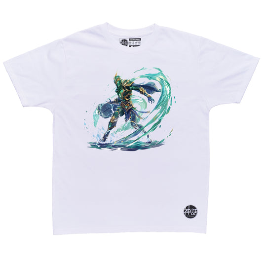 Fierce Poseidon in combat pose with golden trident and stormy sea backdrop on white t-shirt by Shinwa, streetwear brand from the Philippines