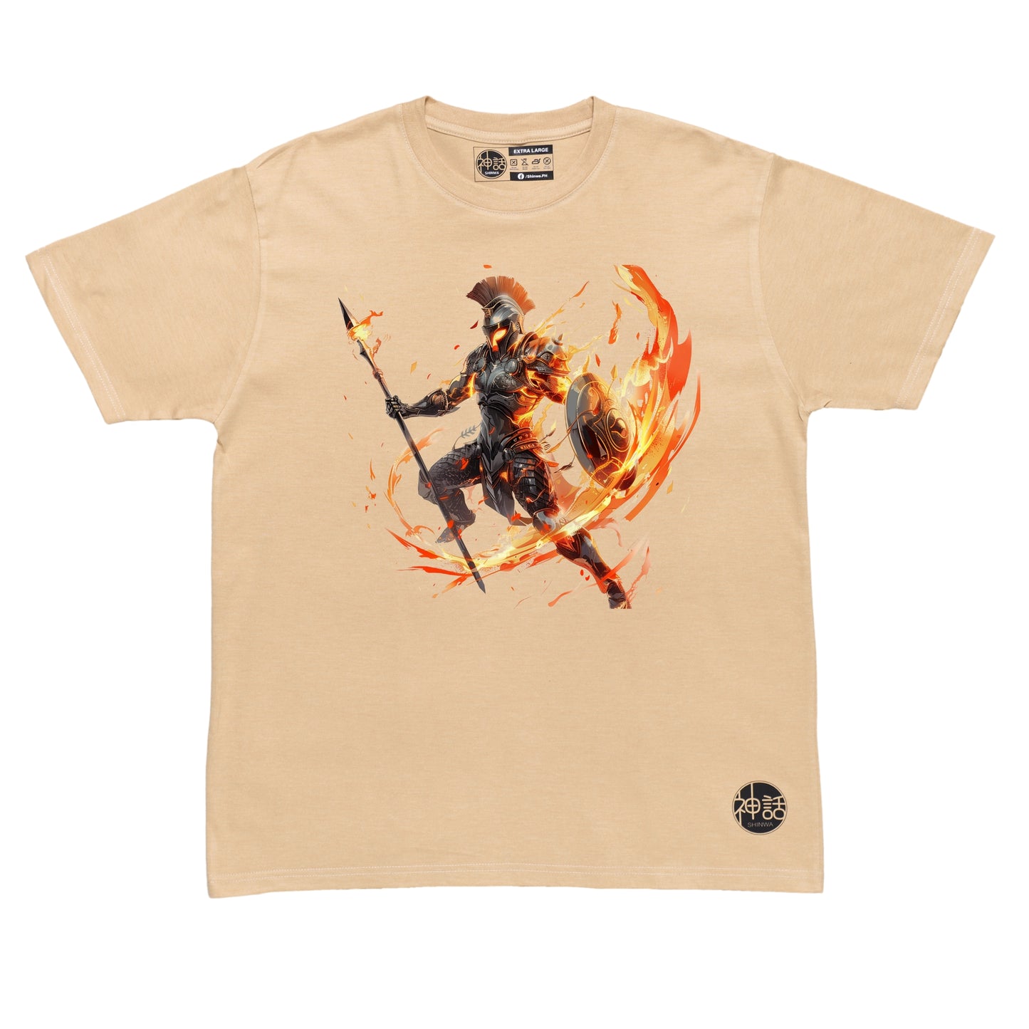 aggressive Ares character design with glowing runes and red embers on beige t-shirt by Shinwa, streetwear brand from the Philippines