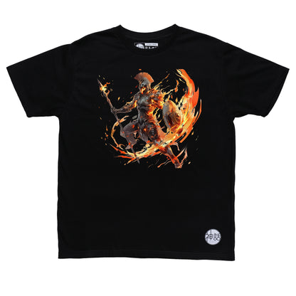 aggressive Ares character design with glowing runes and red embers on black t-shirt by Shinwa, streetwear brand from the Philippines