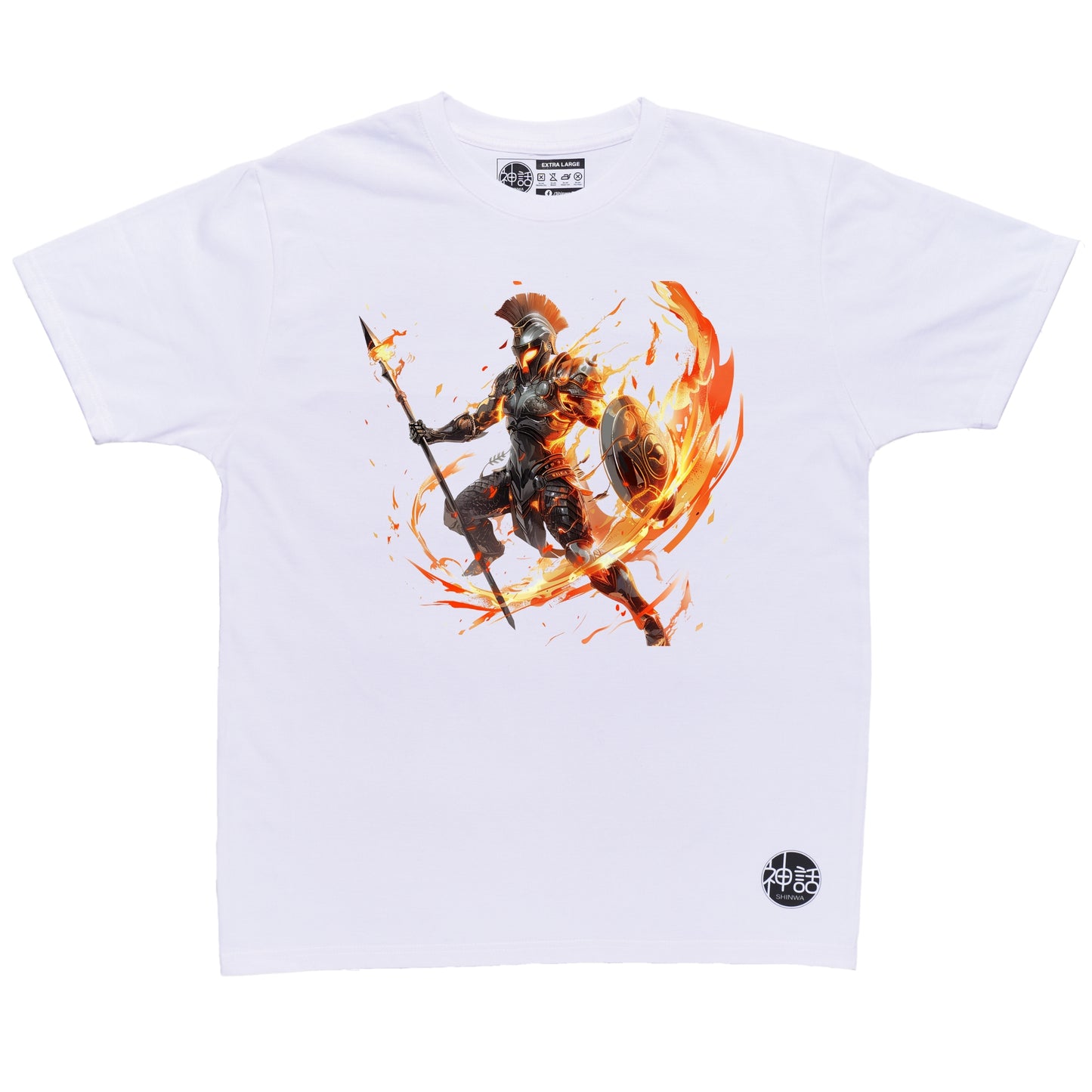 aggressive Ares character design with glowing runes and red embers on white t-shirt by Shinwa, streetwear brand from the Philippines
