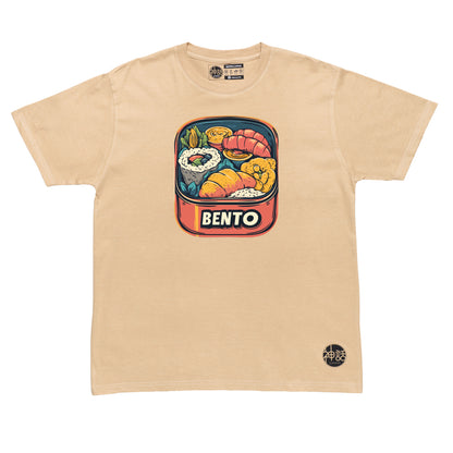 stylized bento box graphic on beige t-shirt by Shinwa, streetwear brand from the Philippines