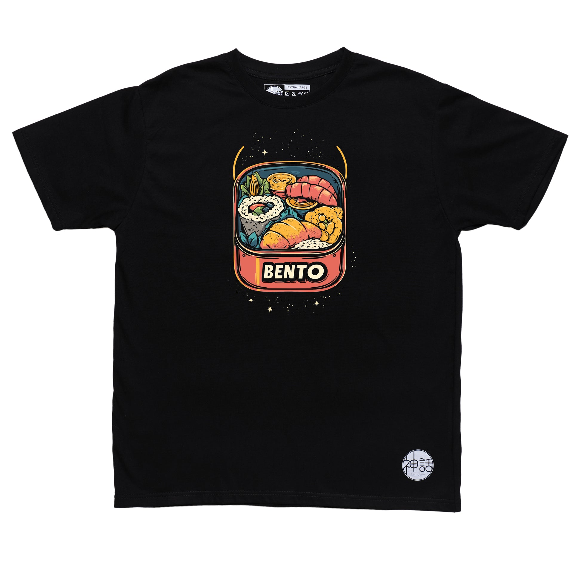 stylized bento box graphic on black t-shirt by Shinwa, streetwear brand from the Philippines