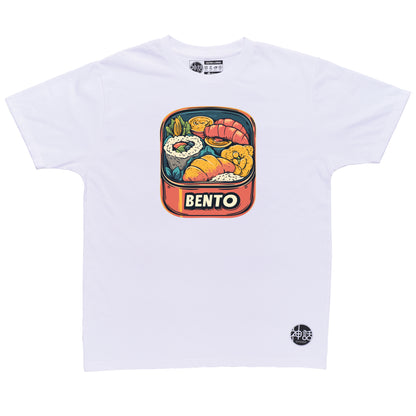 stylized bento box graphic on white t-shirt by Shinwa, streetwear brand from the Philippines