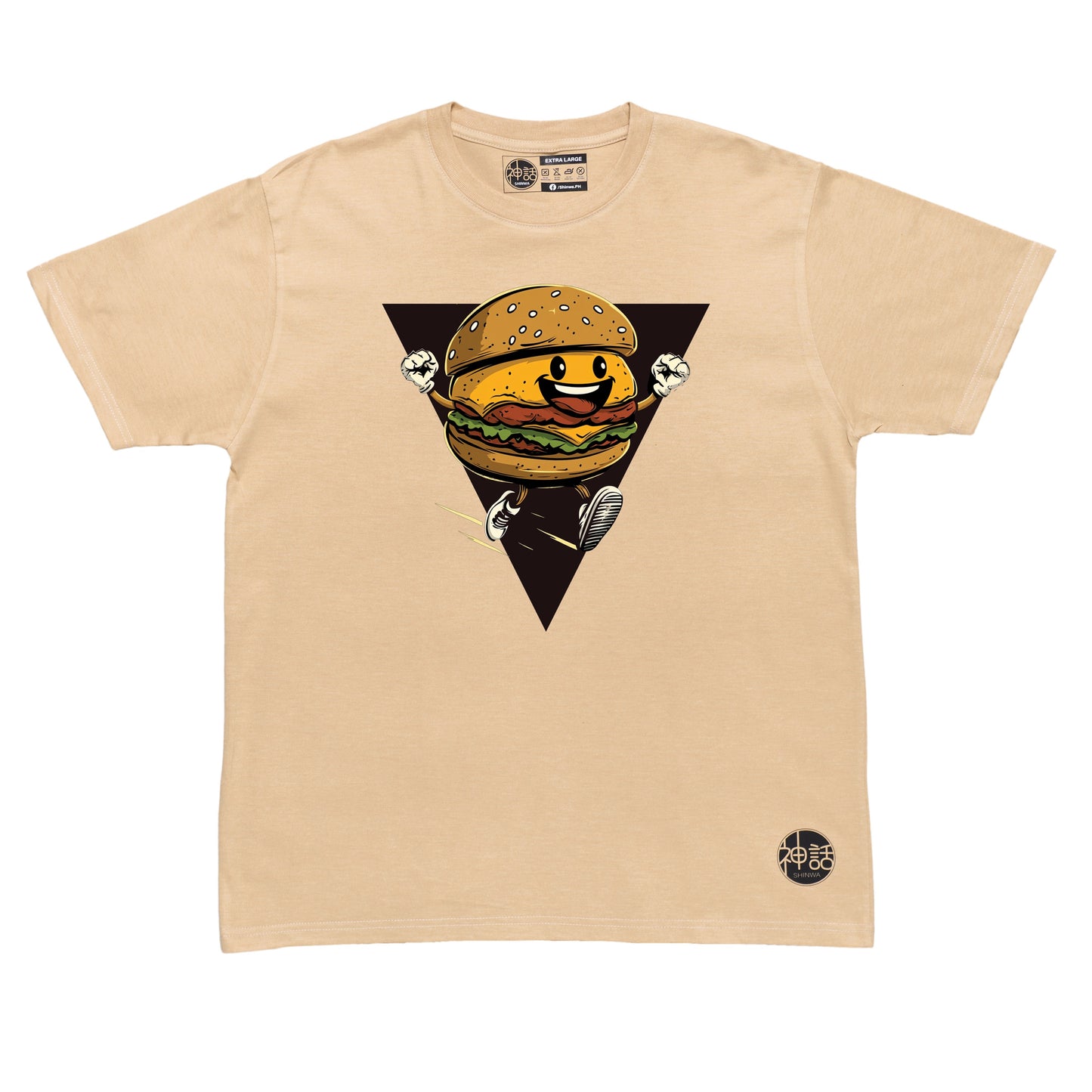burger graphic in beige t-shirt by Shinwa, streetwear brand from the Philippines