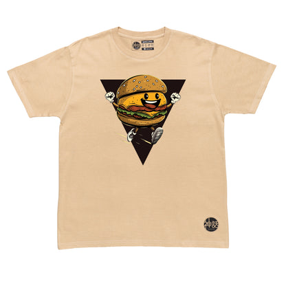 burger graphic in beige t-shirt by Shinwa, streetwear brand from the Philippines