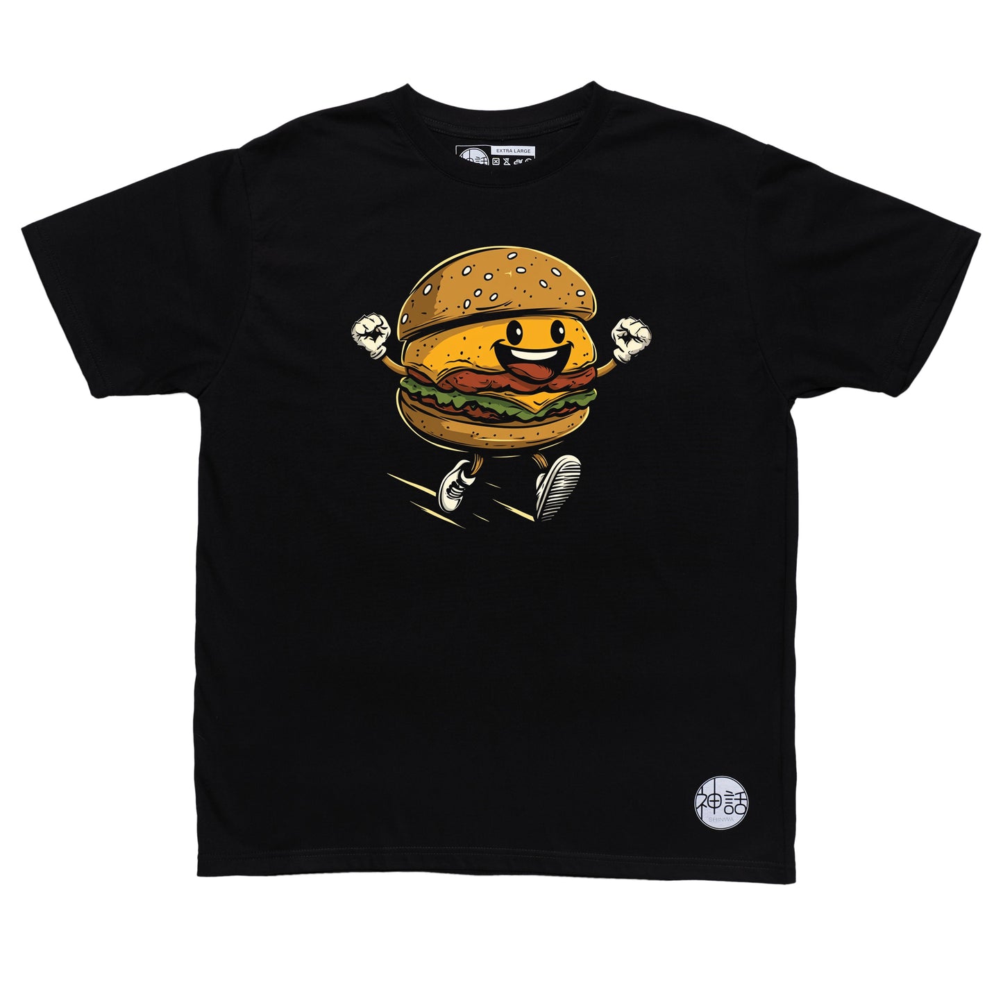 burger graphic in black t-shirt by Shinwa, streetwear brand from the Philippines