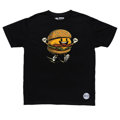 burger graphic in black t-shirt by Shinwa, streetwear brand from the Philippines