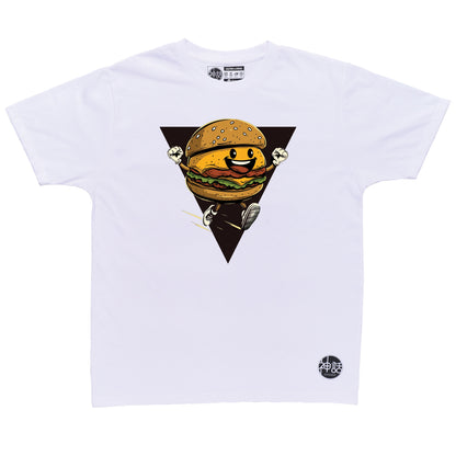 burger graphic in white t-shirt by Shinwa, streetwear brand from the Philippines