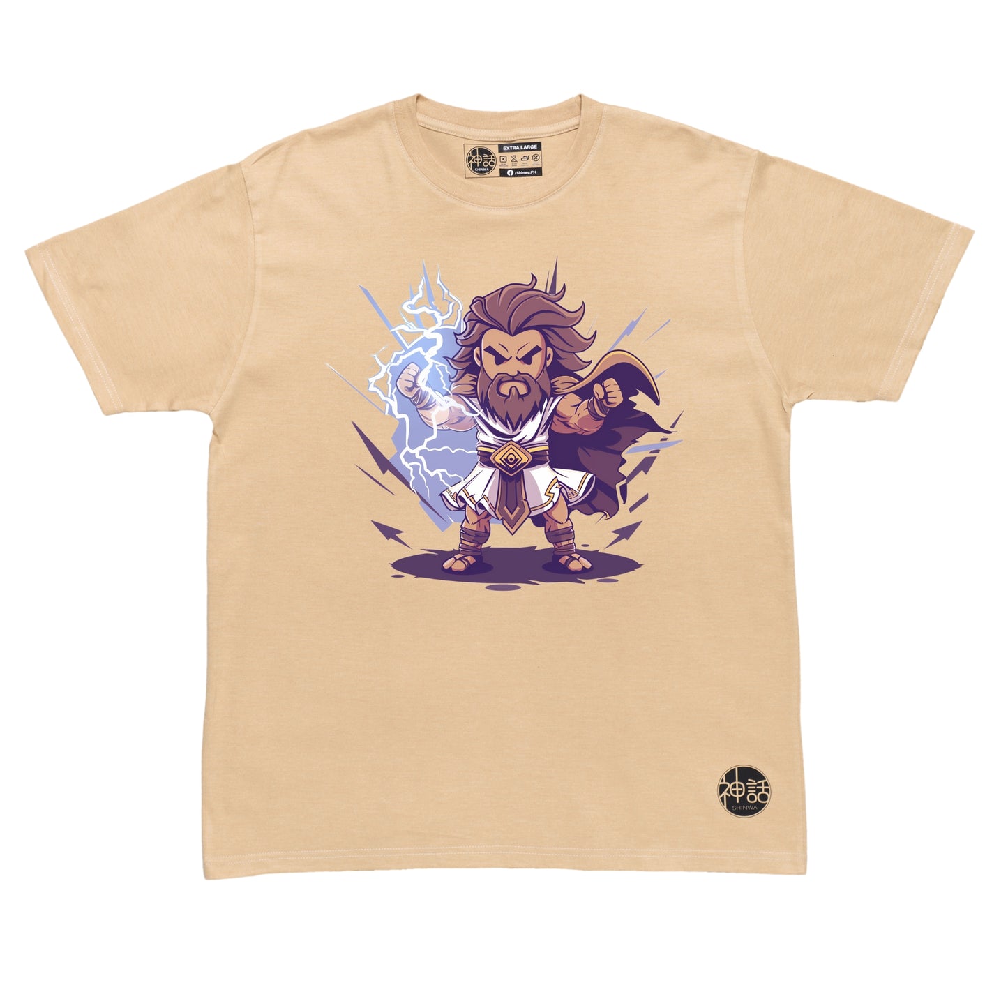 chibi-style Zeus holding tiny thunderbolt with comic storm backdrop on beige t-shirt by Shinwa, streetwear brand from the Philippines