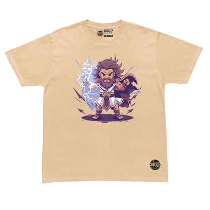 chibi-style Zeus holding tiny thunderbolt with comic storm backdrop on beige t-shirt by Shinwa, streetwear brand from the Philippines