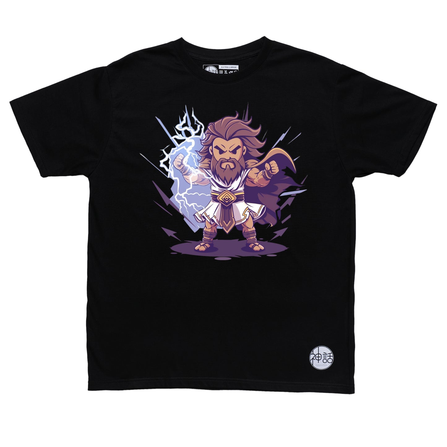 chibi-style Zeus holding tiny thunderbolt with comic storm backdrop on black t-shirt by Shinwa, streetwear brand from the Philippines