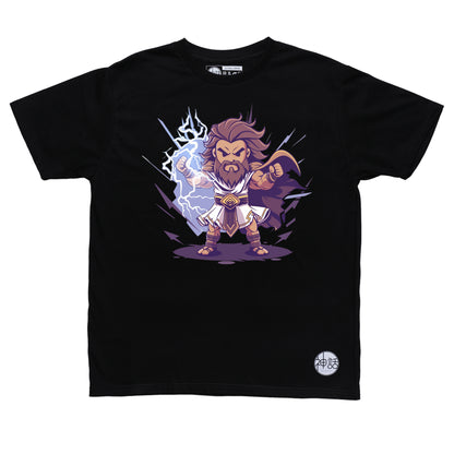 chibi-style Zeus holding tiny thunderbolt with comic storm backdrop on black t-shirt by Shinwa, streetwear brand from the Philippines