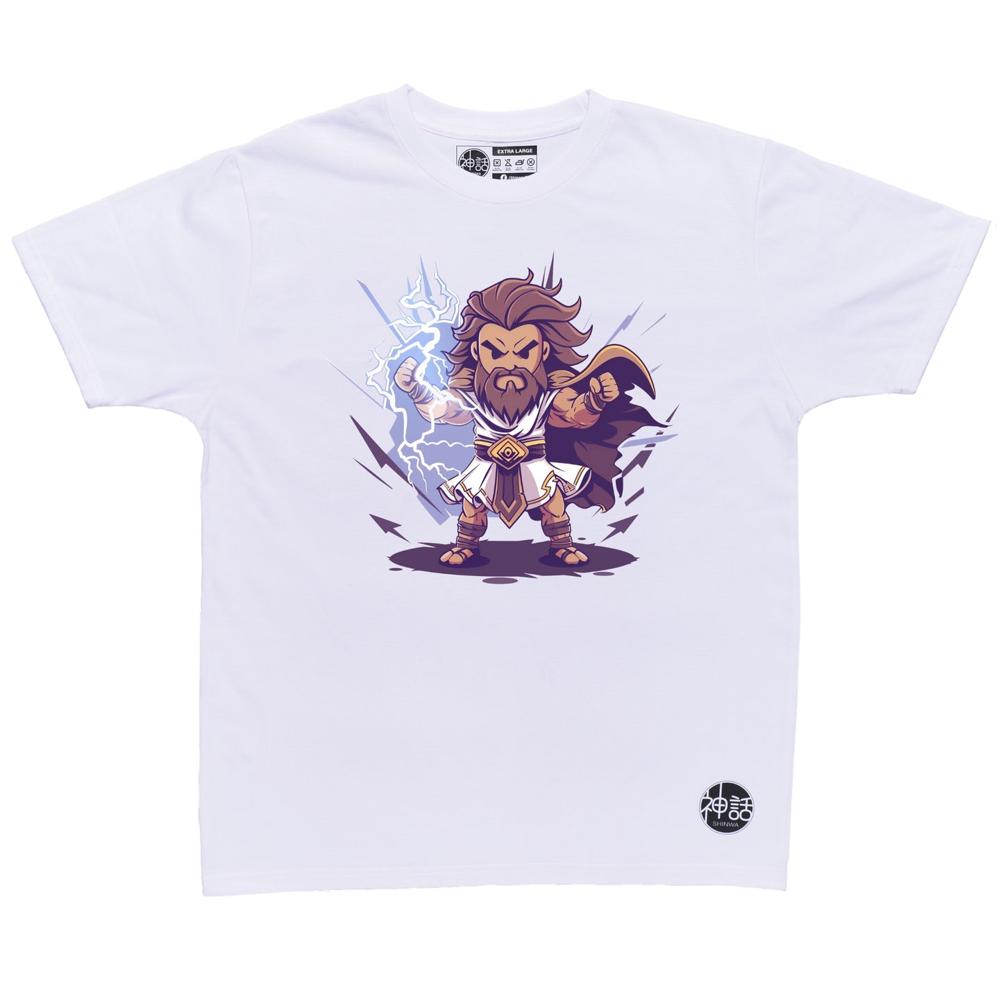 chibi-style Zeus holding tiny thunderbolt with comic storm backdrop on white t-shirt by Shinwa, streetwear brand from the Philippines