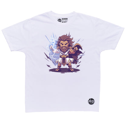 chibi-style Zeus holding tiny thunderbolt with comic storm backdrop on white t-shirt by Shinwa, streetwear brand from the Philippines