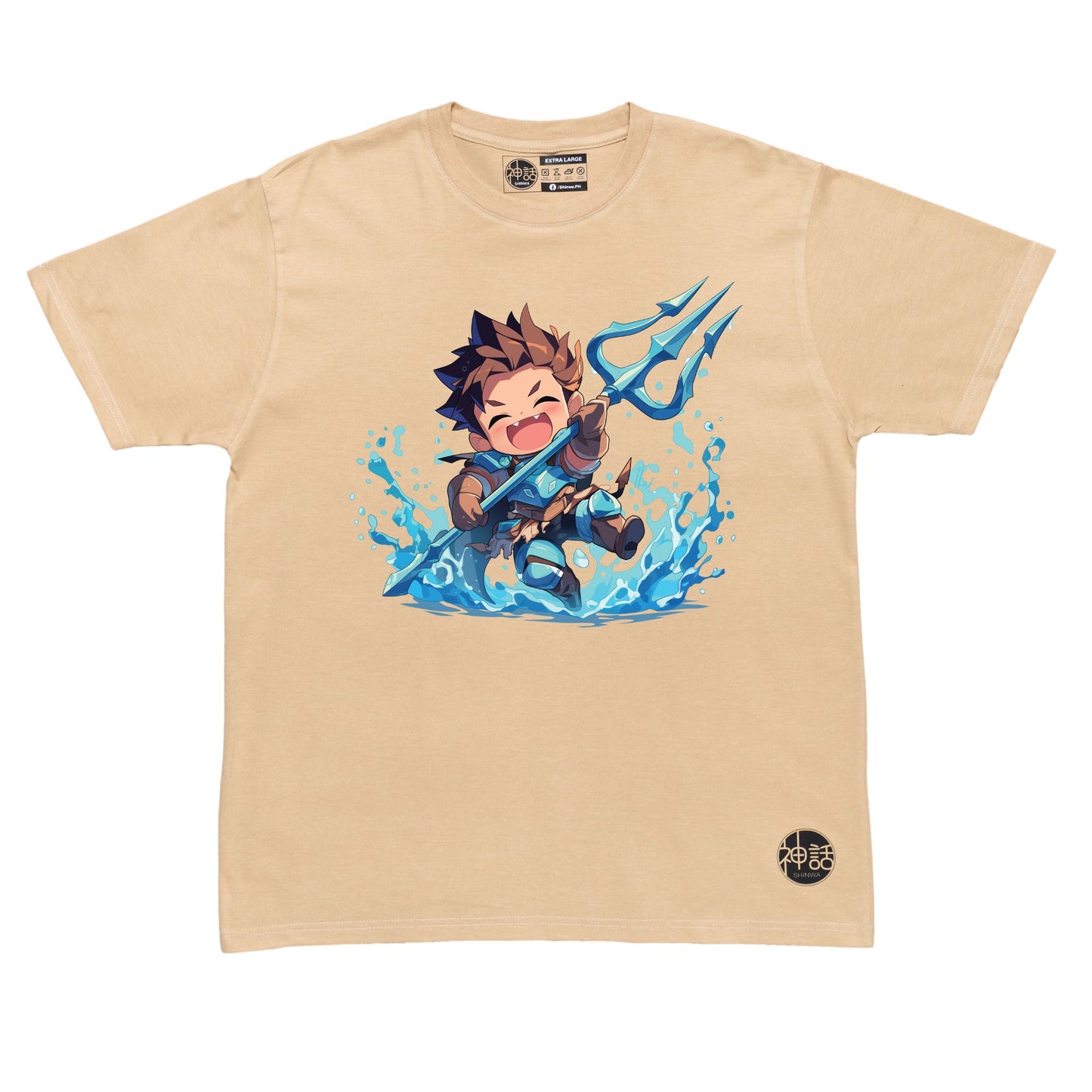 Cute chibi-style Poseidon holding trident with playful wave design on beige t-shirt by Shinwa, streetwear brand from the Philippines