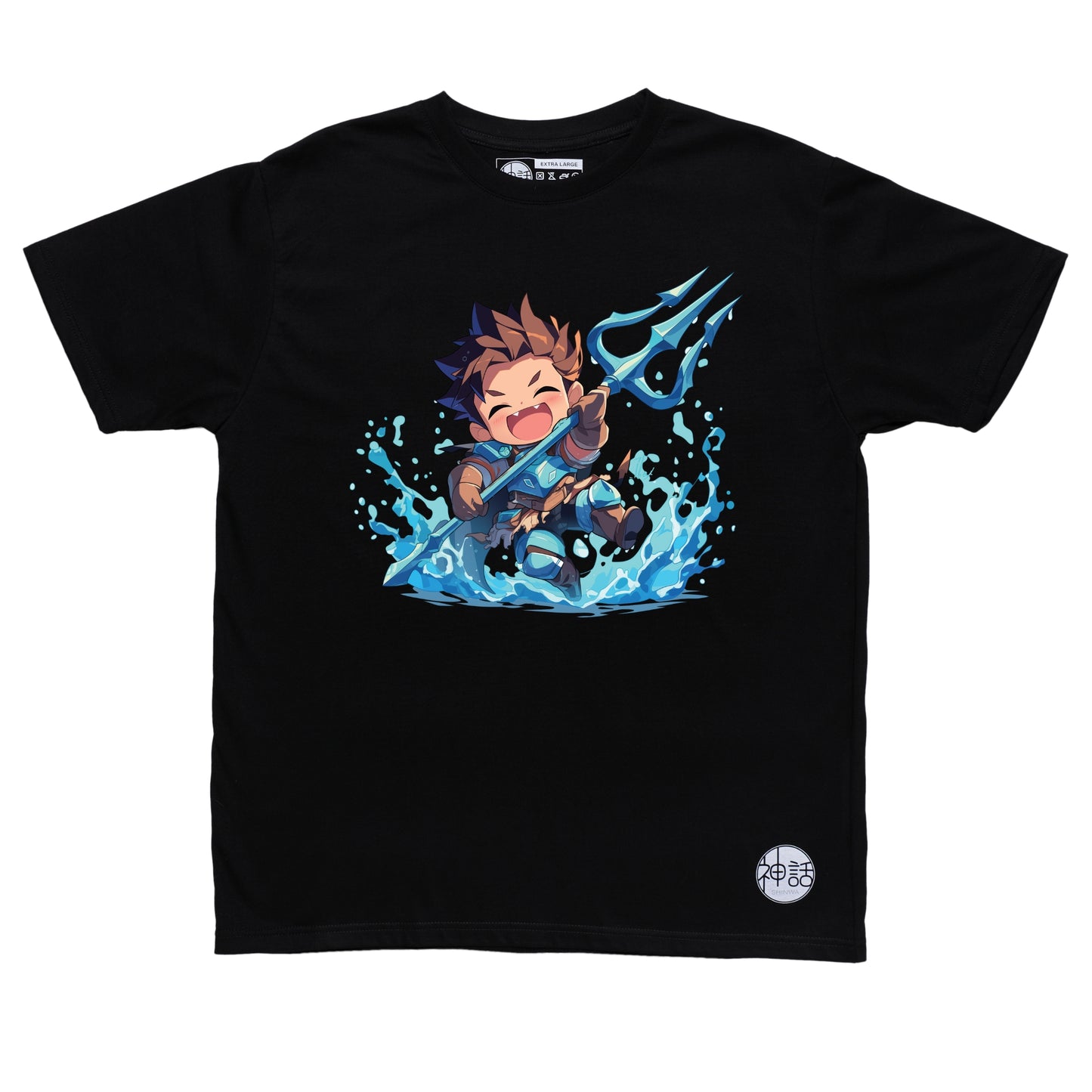 Cute chibi-style Poseidon holding trident with playful wave design on black t-shirt by Shinwa, streetwear brand from the Philippines