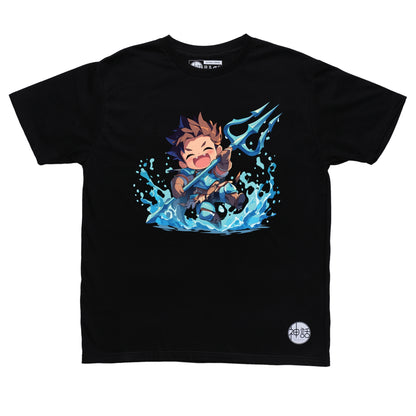 Cute chibi-style Poseidon holding trident with playful wave design on black t-shirt by Shinwa, streetwear brand from the Philippines