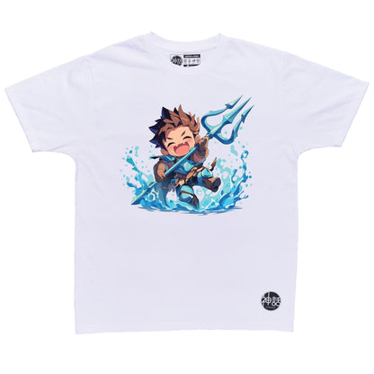 Cute chibi-style Poseidon holding trident with playful wave design on white t-shirt by Shinwa, streetwear brand from the Philippines